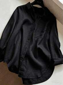 Camisa casual de mujer de unicolor con botones delanteros y dobladillo curvo, para primavera - Negro - Ver 5