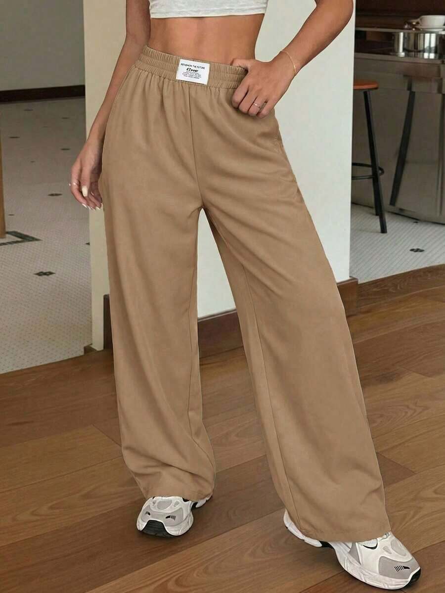 Pantalones rectos y sueltos de pierna ancha de color negro con estampado tipo zhanga para vacaciones de primavera y verano - Caqui - Ver 1