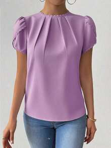 Camisa de mujer elegante y casual con mangas abombadas y volantes de unicolor - Morado - Ver 7