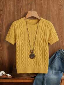 Suéter con cuello redondo y decoración trenzada con cuerda, inspirado en de blogueros, diseño de moda versátil, otoño/invierno - Mostaza Amarilla 2 - Ver 9