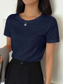 Camiseta De Manga Corta Con Cuello Redondo Y Color Sólido - Azul marino - Ver 6