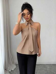 Camisa de rayas casual y de uso diario para mujer, sencilla y versátil de moda para el verano - Caqui - Ver 4
