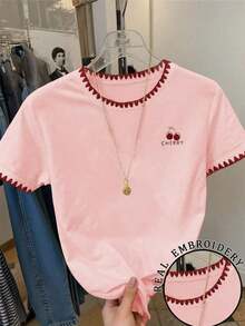 Camiseta casual de mujer con ribete de contraste, lazo y estampado de corazón, para verano - Rosa - Ver 7