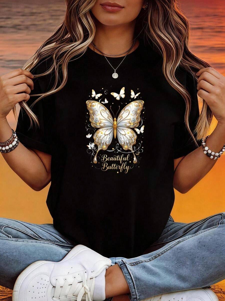 1 pieza de playera de manga corta 100% algodón, cuello redondo casual con estampado, estampado de mariposa dorada con texto, manga corta transpirable para uso diario - Negro - Ver 1