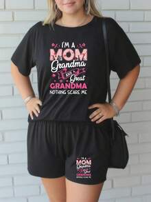 2PCS Comfortable Plus Size! Breathable Women'S I'M A Mom, Grandma, And A Great Grandma; Nothing Scares Me Printed T-Shirt And Shorts Set - Sporty Casual Summer Outfit - 黑色 - 查看 1