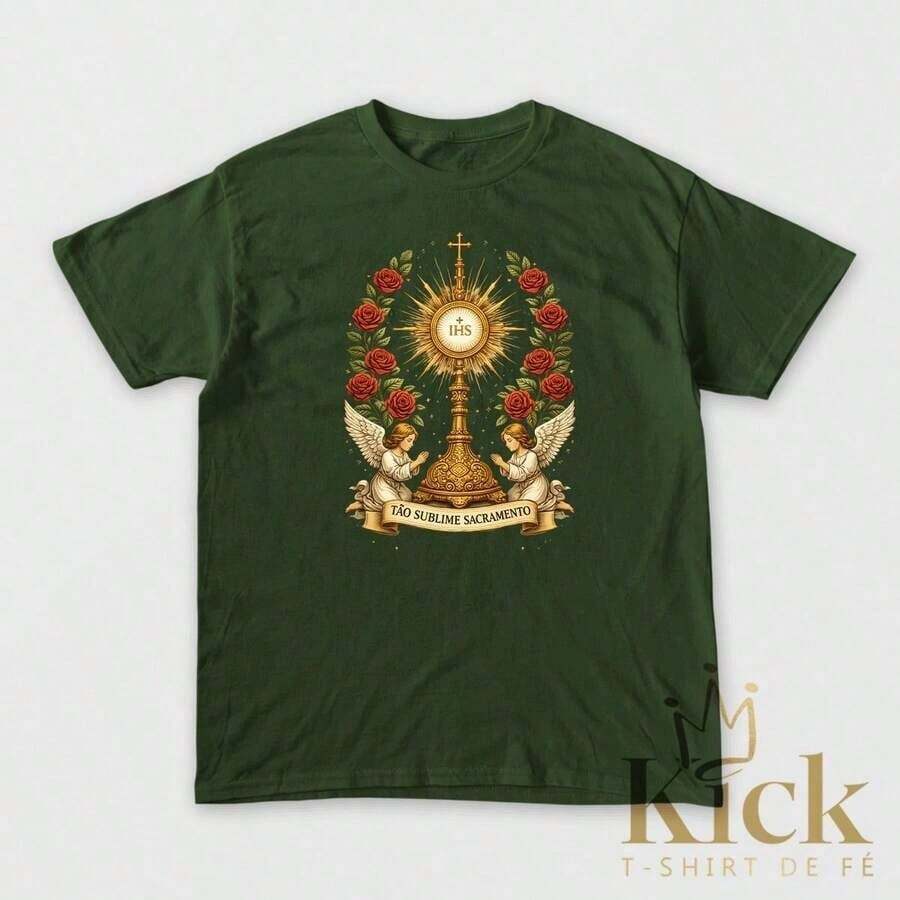 Camiseta Cristã "Sublime Sacramento" Religiosa Unissex em Algodão Estampa Premium - Verde - Visão 1