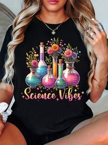 Women's Graphic T-Shirt With Floral Design And Chemistry Jacket - Casual Gray Short Sleeve Crew Neck T-Shirt, Breathable Summer Top For Biology Teachers, Lab Technicians & Science Enthusiasts, Gift For Teachers, Medium Stretch Fabric - 黑色 - 查看 1