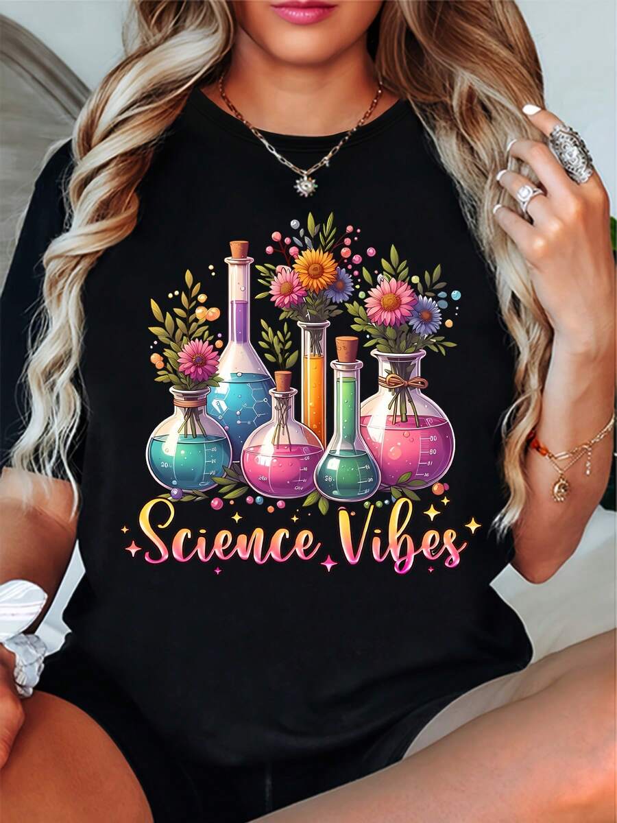 Women's Graphic T-Shirt With Floral Design And Chemistry Jacket - Casual Gray Short Sleeve Crew Neck T-Shirt, Breathable Summer Top For Biology Teachers, Lab Technicians & Science Enthusiasts, Gift For Teachers, Medium Stretch Fabric - 黑色 - 查看 1