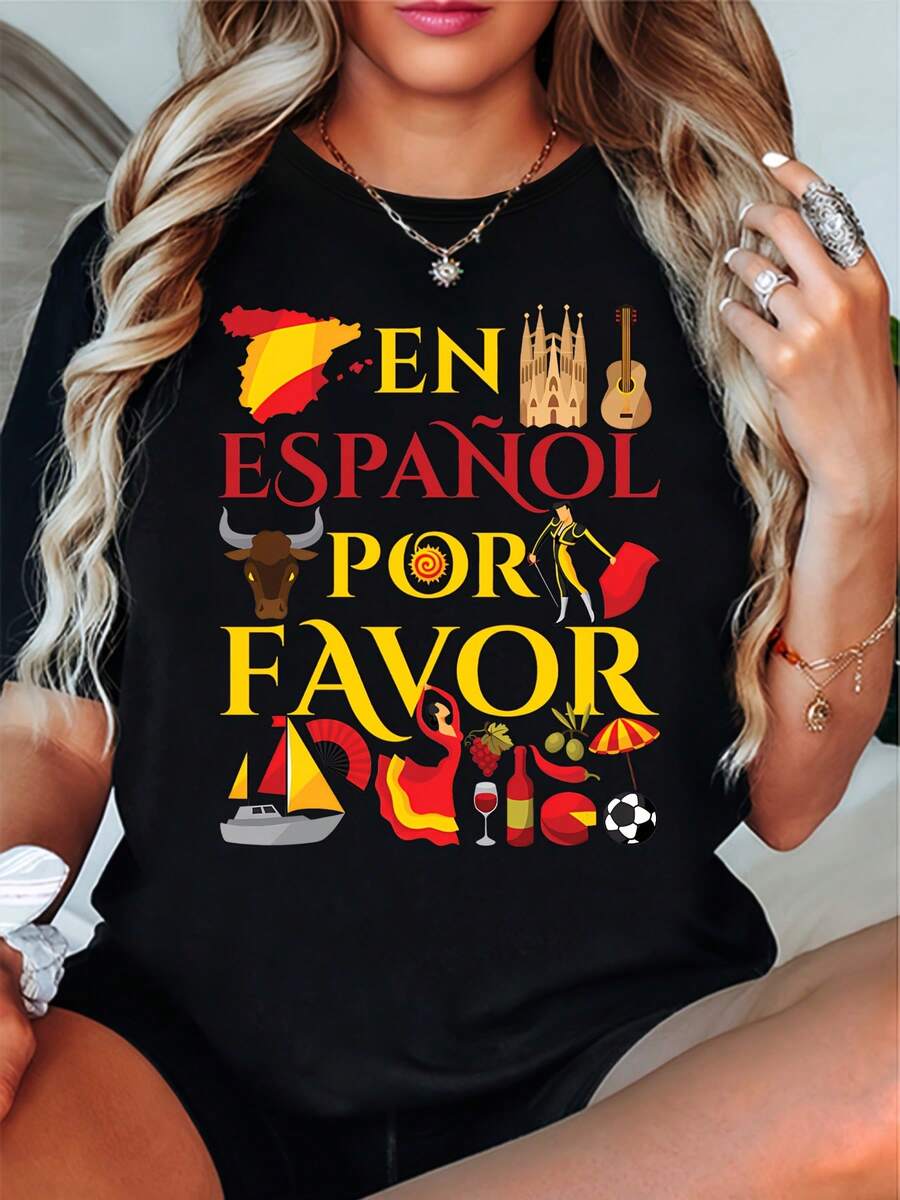 Camiseta de recuerdo con estampado para una vacación en España - Negro - Ver 1