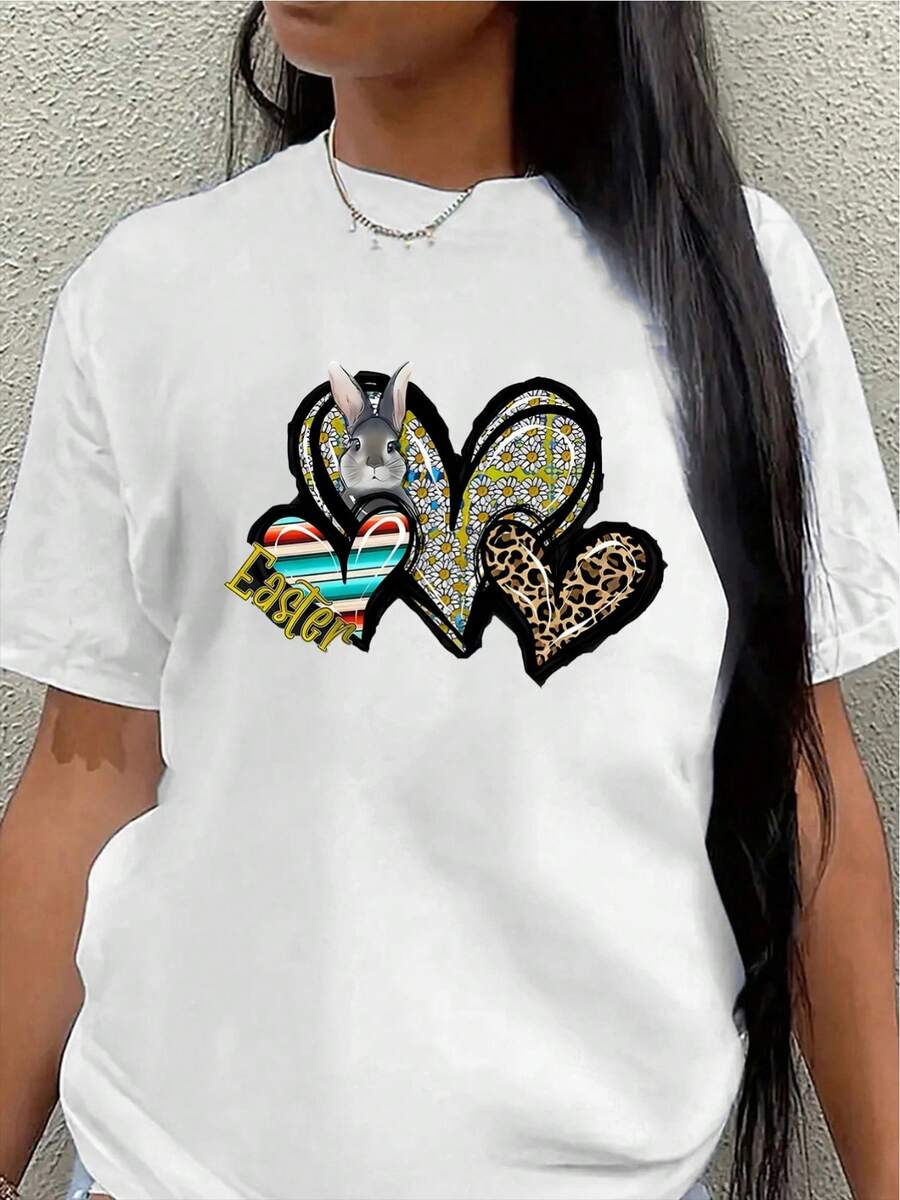 Camiseta de manga corta de poliéster, decorada con coloridos diseños de conejos y corazones, ligera y duradera, adecuada para uso casual en casa o en restaurantes, cómoda y ajustada para el uso diario. - Blanco - Ver 1