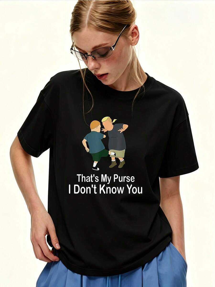 Women's 180g Short Sleeve T-Shirt - Crew Neck Loose Fit T-Shirt With "That's My Bag, I Don't Know You" Print, Suitable For Office, Building Gifts, Daily Casual Wear, Machine Washable, Not A Shirt - Unisex Cotton Short Sleeve Crew Neck T-Shirt In Urban Vintage Style. - 黑色 - 查看 1