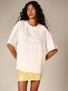 1 pieza de camisa de algodón de manga corta  con cuello redondo, decorada con ribete de bikini de gran tamaño, estilo casual, para verano, playa, corte relajado, 180g 100% algodón. - Blanco - Ver 6