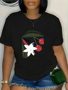 Camiseta Estampada para Mujer de Tallas Grandes - Top Casual Negro de Manga Corta con Cuello Redondo, Estampado Floral y de Aves en Blanco, Lavable aáquina - Camiseta Vintage de Estilo Urbano Unisex de Algodón Suelto de Manga Corta con Cuello Redondo - Negro - Ver 5
