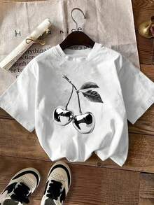 Camiseta de verano nueva para mujer con estampado de cerezas plateadas, top de manga corta, camiseta estampada de moda casual, ropa elegante para mujer - Blanco - Ver 1