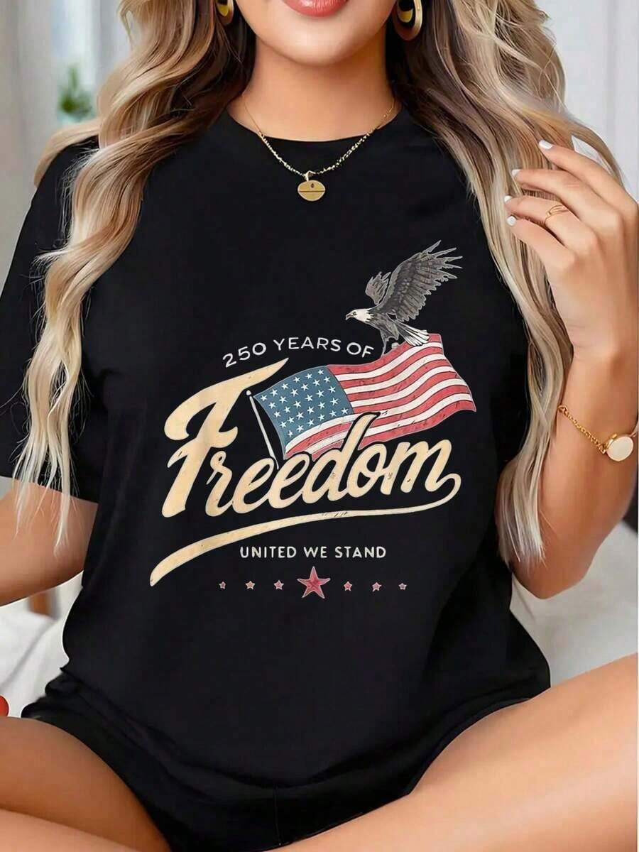250 Years Of Freedom United We Stand Patriotic T-Shirt With Flag For Independence Day Celebration - Unisex Vintage Urban Style, Loose Cotton Short Sleeve Crew Neck T-Shirt 100% Cotton - 黑色 - 查看 1