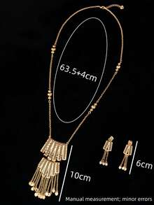 3pcs Copper Plated 18K Champagne Gold Middle Eastern Style Luxury Elegant Tassel Hollow Y-Shaped Long Necklace & Earrings Jewelry Set, Eye-Catching Necklace & Earrings For Festival, Party, Dubai Bride, Wedding, Daily Casual, Vacation, Blessing Gift Jewelry Set - Champagne - View 5