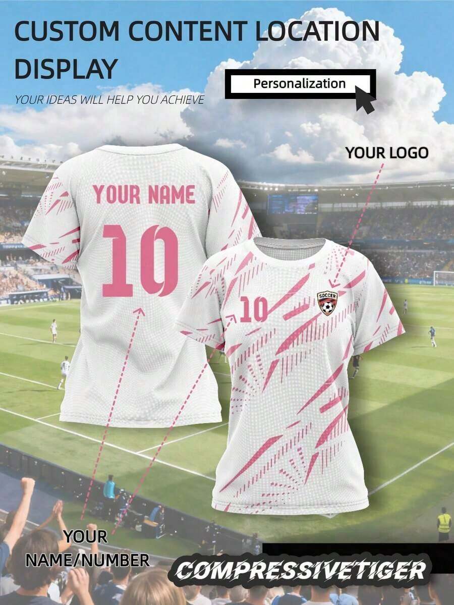 Camisetas de fútbol de manga corta personalizadas para mujeres: impresas con tu número y diseño, con un elegante patrón blanco y rosa, estas camisetas son la opción perfecta para las entusiastas del fútbol femenino para crear un look único en el campo, y también un regalo ideal para Halloween, Acción de Gracias, Navidad y Año Nuevo.Verano, para deportes familiares - Blanco - Ver 1