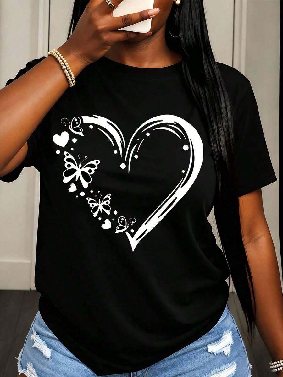 Camiseta Casual de Mujer con Estampado de Corazón y Mariposa, Top de Verano para Uso Diario - Negro - Ver 1