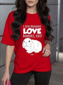 SoftConejo adorable acompañado de frase divertida que expresa amor por estos animales camiseta de mujer 100% algodón cómoda y suave para uso diario 220gNew Summer Women's T-shirt, Casual and - Rojo - Ver 1