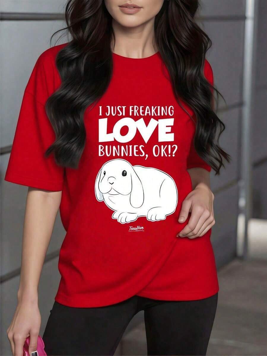 SoftConejo adorable acompañado de frase divertida que expresa amor por estos animales camiseta de mujer 100% algodón cómoda y suave para uso diario 220gNew Summer Women's T-shirt, Casual and - Rojo - Ver 1