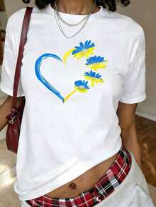 1 pieza Camiseta con estampado de la bandera de Ucrania y girasol vintage, para amantes de Ucrania, de manga corta y cuello redondo, estilo casual para verano y primavera, ropa de mujer, 180g, 100% algodón. - Blanco - Ver 8