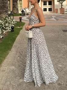 Vestido Largo Tirantes Lunares Primavera Holgado Casual Elegante Estilo Europeo Moda Mujer - Negro - Ver 3