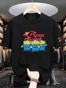 T-shirt graphique Disney Toy Story Classic Pizza Planet Alien Rocket Space, T-shirt à manches courtes avec slogan Pizza Planet imprimé au dos, Haut noir intemporel à col rond, Motif mini alien à trois yeux assorti sur la poitrine et les manches (impression recto-verso), Tissu en coton doux, respirant et agréable au toucher de haute qualité, Coutures renforcées pour une durabilité accrue, Tenue décontractée sur le thème de l'espace pour tous les jours, Vêtements assortis pour les familles et les couples, Design emblématique centré sur le personnage alien de Toy Story, Style visuel rétro coloré sur le thème de l'espace, adapté aux jeunes et aux adultes pour les occasions quotidiennes, les réunions à thème, les événements de loisirs et un style confortable au quotidien - Noir - Voir 2