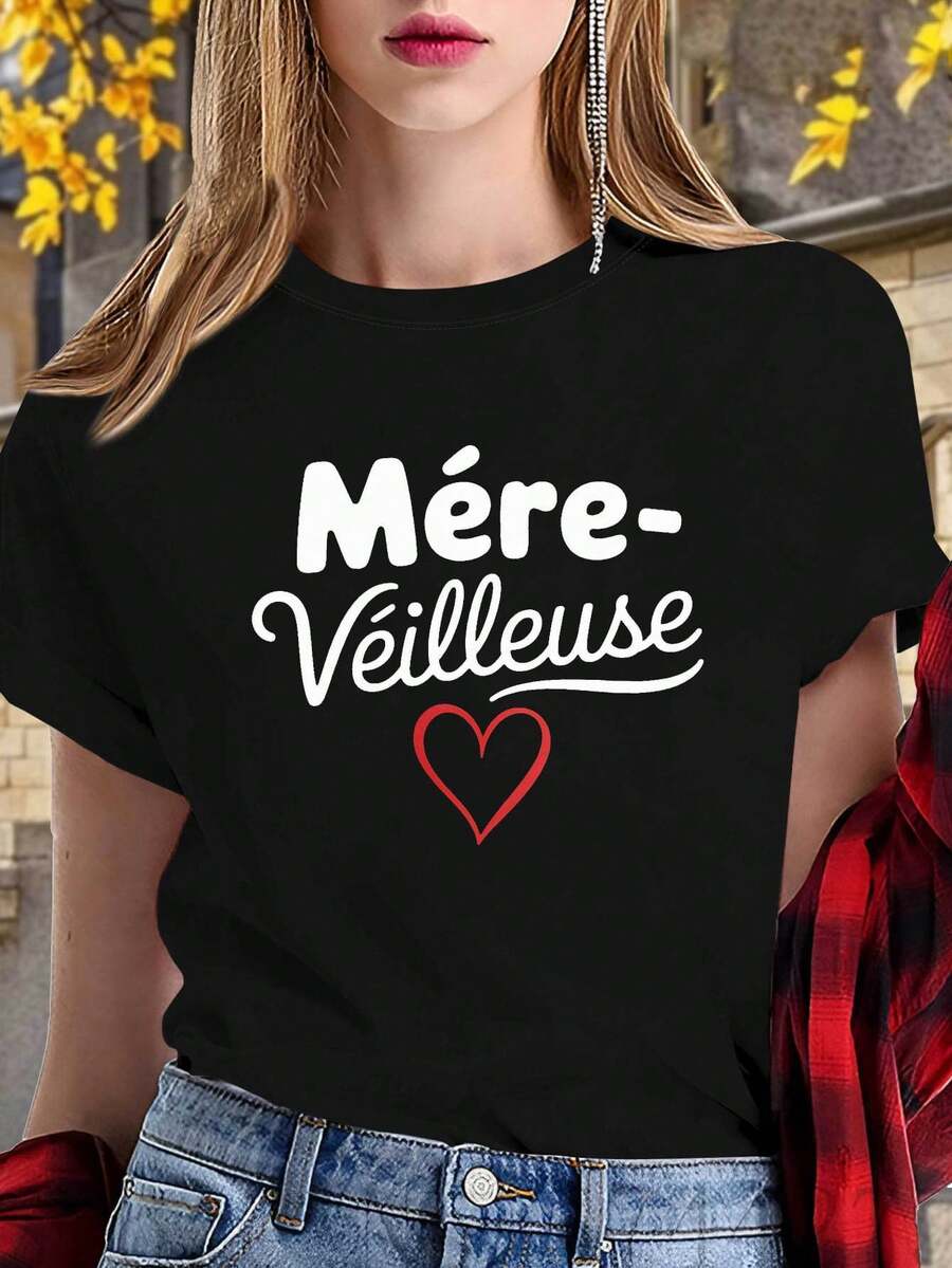 Camiseta con estampado de texto en francés "Mére-Véilleuse" (Madre Preocupada) para mujer, camiseta casual de manga corta y cuello redondo para primavera/verano, uso diario casual, regalo para vacaciones. - Negro - Ver 1