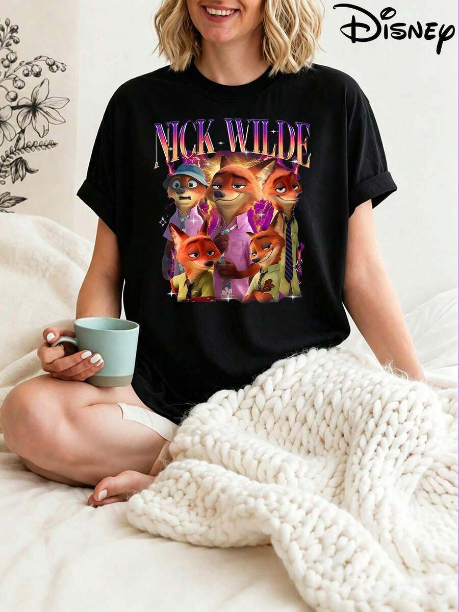 Official Disney Licensed | Zootopia Nick Wilde Fox American Retro Color‑Block Print Women's Crew Neck Short Sleeve T‑Shirt -  American Style, Soft & Breathable Fabric, Classic Crew Neck Design, Ideal For Vacation, Travel & Daily Casual Wear - Black - View 1