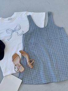 Soft  Camiseta de mujer de manga corta, escote redondo, con lazo y bordado, suelta y con lazo, tops lindos, camisetas estampadas pattern - Blanco - Ver 5