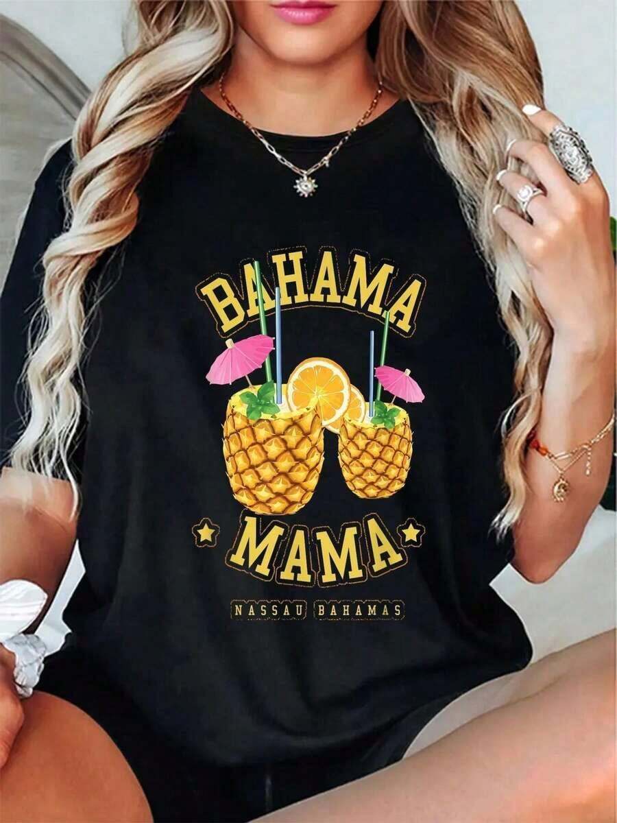 Camiseta de Moda para Mujer, 1 Pieza, Estilo Bahamá, Souvenir, Casual, Manga Corta, con Estampado Tropical de Piña y Cóctel, Diseño Bahamian Mama Nassau Beach, Lavable a Máquina, Top de Moda de Verano para Vacaciones en la Playa y Regalos del Día del Padre, Ropa de Vacaciones, Camiseta de Corte Relajado, Camiseta Cómoda, Tela Ligera, Estilo Vintage Urbano, Unisex, Camiseta de Algodón de Manga Corta con Cuello Redondo. - Negro - Ver 1