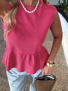 Blusa sin mangas de punto para mujer, estilo minimalista casual, unicolor, bajo con volantes, favorecedora, adecuada para ir a trabajar, citas, vacaciones, tiempo libre - Rojo ciruela intenso - Ver 2