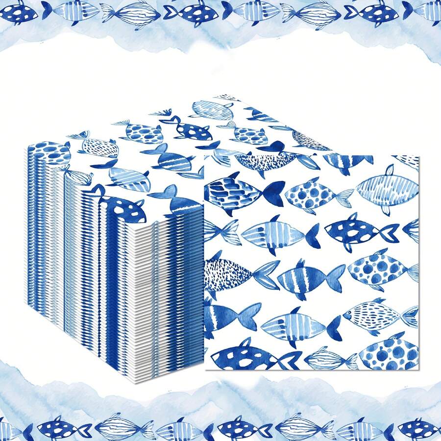 20/40/60张装,水彩蓝鱼海洋一次性派对餐巾纸,航海条纹斑点鱼印花装饰餐巾,美观的海岸风夏季餐具用品,非常适合海滩夏季派对、泳池边聚会、航海主题庆祝活动、海岸野餐和度假风格的节日活动 - 多色 - 查看 1