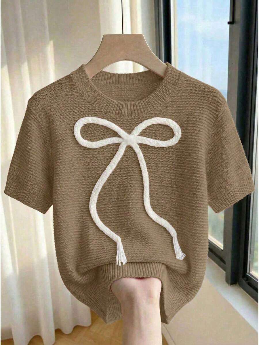 2026Franclia New Women's Sweet And Cute Pink Casual Knit Sweater With Bow, Short Sleeve Baby Pink Bow Blouse For Spring/Summer, Cute Knit Blouses With Bow For Women - 駝色 - 查看 1