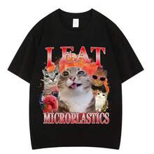 Camiseta con meme divertido de gato comiendo microplásticos, para hombre y mujer, de moda, de corte holgado y casual. - Negro - Ver 1