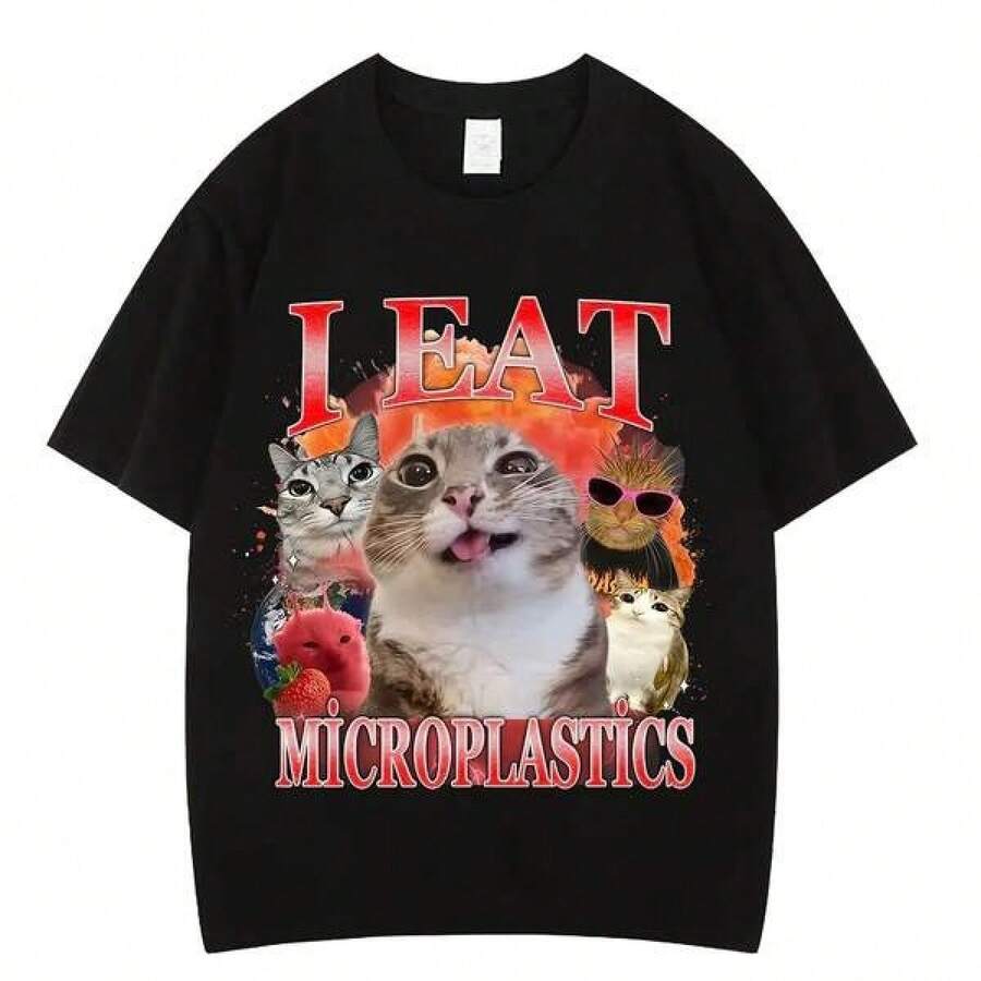 Camiseta con meme divertido de gato comiendo microplásticos, para hombre y mujer, de moda, de corte holgado y casual. - Negro - Ver 1
