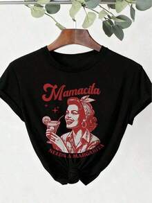 Playera blanca de algodón con diseño retro "Mamacita Needs A Margarita", estilo divertido y casual para fiestas y uso diario, tops para mujer - Negro - Ver 4