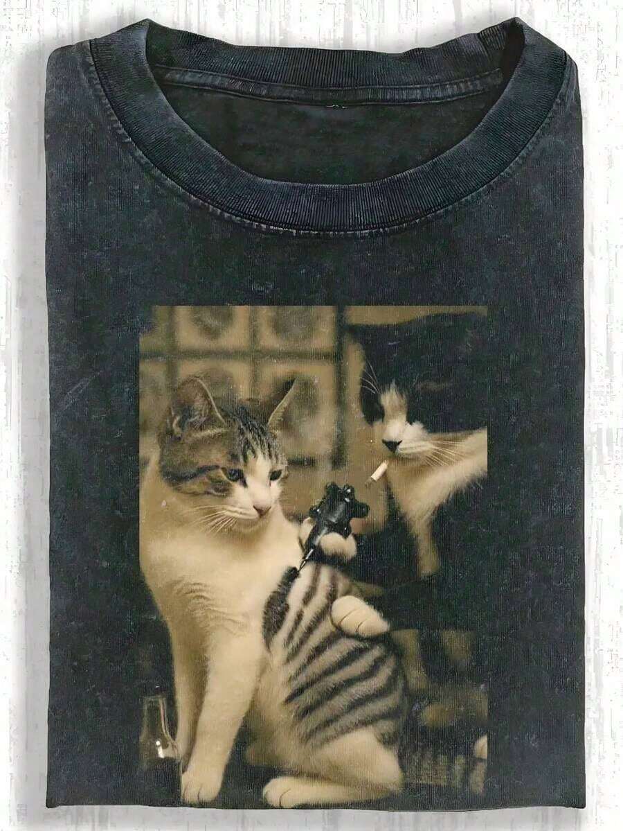 230g T-Shirt With Cat Print For Afternoon Tea, Casual Style, High Quality Cotton With Wax Print, Retro Fashion Brand, Unisex For Men And Women. - 黑色 01 - 查看 1