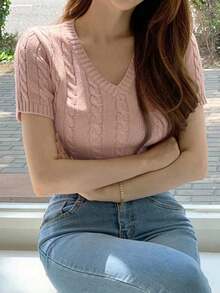 Blusa de manga corta con cuello en V caqui de punto con giro, primavera/verano - Rosa - Ver 4