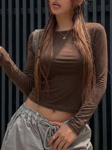 Camiseta de manga corta ajustada de unicolor casual para mujer, Top halter recortado estilo Y2K para mujer - Marrón 2 - Ver 6