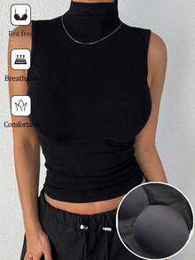 Camiseta de mujer de cuello alto con ajuste ceñido, camiseta sin mangas tipo tanque con estilo Y2K - Negro 10 - Ver 11