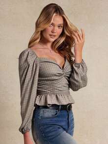 Blusa de manga larga con cuello de corazón, volantes y estampado floral, para otoño, invierno, uso casual, estilo occidental, bohemio - Rosa Pálido - Ver 5