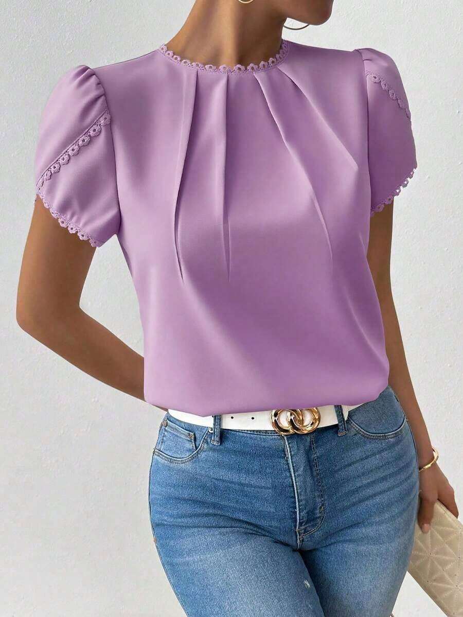 Camisa de mujer elegante y casual con mangas abombadas y volantes de unicolor - Morado - Ver 1