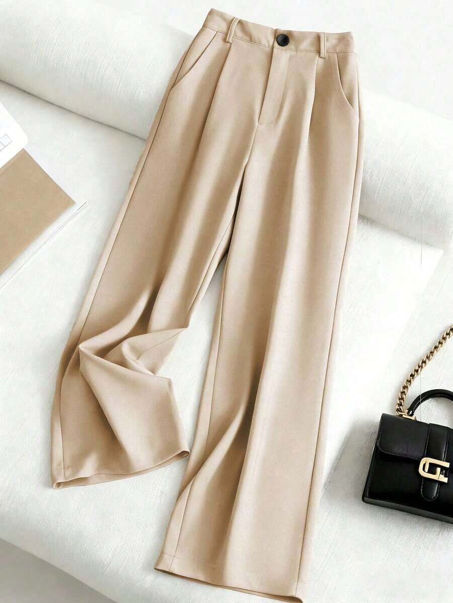 Pantalones casuales de mujer de unicolor con bolsillo y pliegues - Caqui - Ver 1