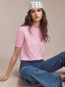 Blusa de punto de seda de hielo con patrón perforado en forma de rombo, cuello redondo, versátil para uso primavera/verano, adecuado para Pascua, Día de San Patricio, elegante para ir al trabajo, uso casual diario, estilo romántico retro de los 90 - Rosa - Ver 8