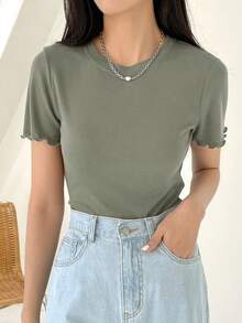 Blusa de punto acanalado con ribete de lechuga, estilo preppy de verano - Verde - Ver 4