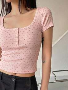 Blusa casual de mujer de unicolor con botones delanteros y mangas cortas, top lindo para uso diario - Rosa 2 - Ver 3