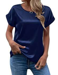 Blusas de satén de estilo veraniego para mujer, camisas informales con manga de ala de murciélago y cuello redondo, Blusas holgadas de Color sólido - Blanco - Ver 1