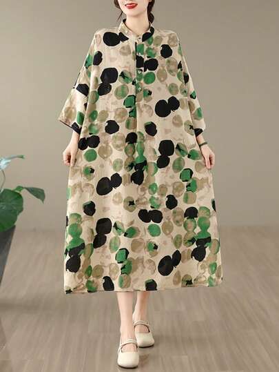 Tops2026 Women's Summer Plus-Size Polka Dot Mid-Length Dress With Pockets, Round Neck Batwing Sleeves Short Sleeves Casual Style Bohemian Beach Dress