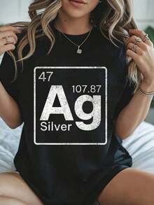 Women's 100% Cotton T-Shirt With Silver Ag Chemical Symbol Graphic From The Periodic Table Of Elements - Black - View 1